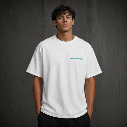 SHABANG 'Freeze The World' Tee — Ice Blue Oversized Graphic T-Shirt